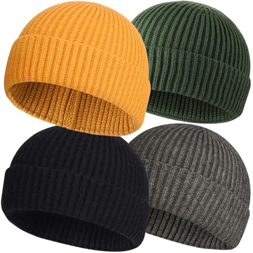 ROYBENS Wool Fisherman Beanies for Men Knit Short Watch Cap Winter Warm Hat - color: 4pcs-black, Dark Gray, Army Green, Yellow