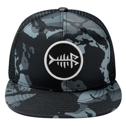 BASSDASH Flat Brim Trucker Cap Adjustable Snapback Hat Mesh Back for Men Women - color: Black Camo