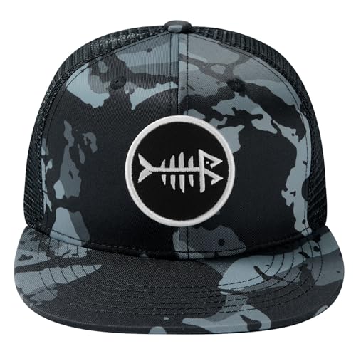 BASSDASH Flat Brim Trucker Cap Adjustable Snapback Hat Mesh Back for Men Women - color: Black Camo