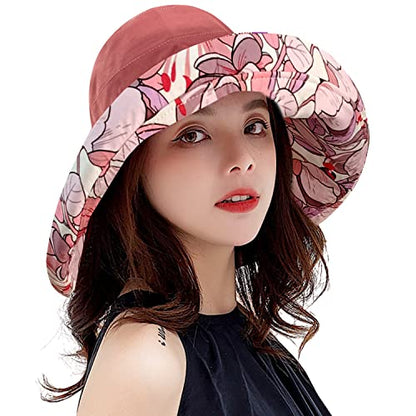 HUAMULAN Wide Brim Women Summer Sun Floppy Hat Reversible Beach Bucket Hat - color: M1744-jiuhong