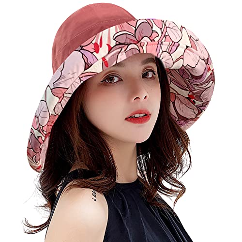 HUAMULAN Wide Brim Women Summer Sun Floppy Hat Reversible Beach Bucket Hat - color: M1744-jiuhong