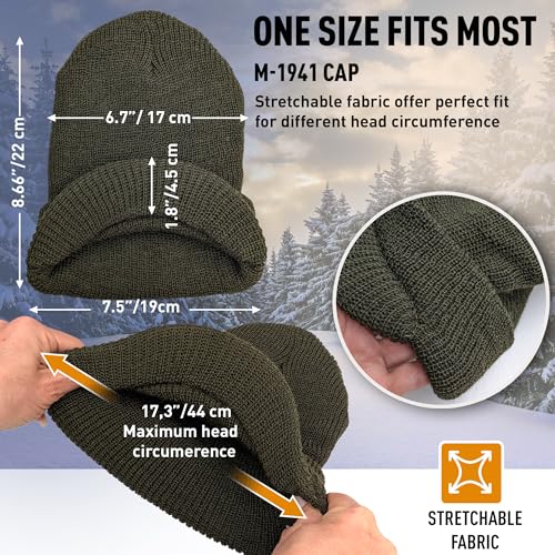 Genuine G.I. Winter Beanie Cap with Visor, 100% Knitted Wool, Double-Layer Winter Hat, Made in USA - color: Olive Drab