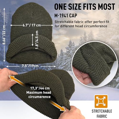 Genuine G.I. Winter Beanie Cap with Visor, 100% Knitted Wool, Double-Layer Winter Hat, Made in USA - color: Olive Drab