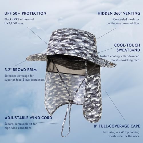 Comhats Sun Hat with Neck Flap for Men, UPF 50+ Wide Brim Cooling Oversized - color: Dark Grey Camo Fish, size: Large-X-Large