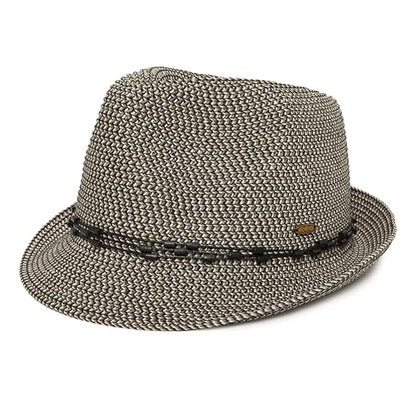 Funky Junque Short Brim Fedora Packable Sun Hat for Women - color: Black Multi W/ Beaded Ropes