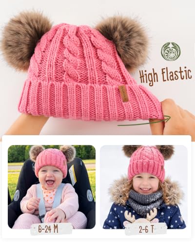 FURTALK Toddler Winter Hat Knit Beanie Double Faux Fur Pompoms Girls Boys - color: Deep Pink, size: 6-24 Months