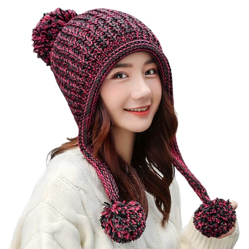 HUAMULAN Women Winter Sherpa Knit Beanie Hat Fleece Lined Ear Flaps - color: Rose Red