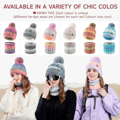 Womens Winter Beanie Hat Scarf Set,Thermal Fleece Lined Women Beanie with Pom Warm Knitted Neck Scarf Cold Weather