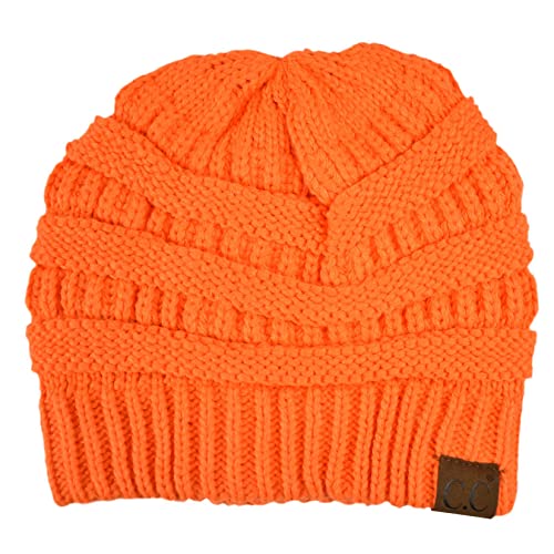 C.C Unisex Chunky Soft Stretch Cable Knit Warm Fuzzy Lined Skully Beanie - color: Neon Orange