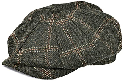 Mens Newsboy Cap High Woolen Tweed Gatsby Hat Ivy Cabbie Flat Golf Cap for Fathers Women Unisex - color: Plaid Green, size: 7-7 1/8