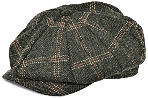 Mens Newsboy Cap High Woolen Tweed Gatsby Hat Ivy Cabbie Flat Golf Cap for Fathers Women Unisex - color: Plaid Green, size: 7-7 1/8