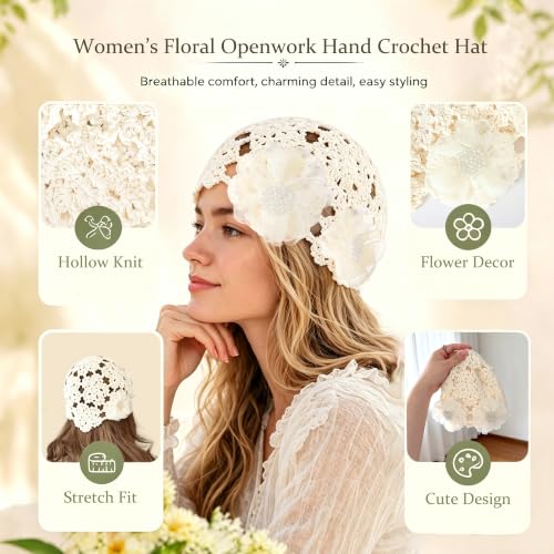 Crochet Hat Cap Cute Summer Beanies with Pearl Decor Boho Knit Mesh Hat - color: White Flower