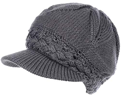 BYOS Womens Winter Chic Cable Warm Fleece Lined Crochet Knit Hat W/Visor Newsboy Cabbie Cap - color: Braided Front Dk.gray