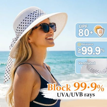 DRESHOW Sun Hats for Women Summer Wide Brim Beach Straw Hat Bowknot Bucket Hats Foldable Floppy Beach Sun Hat UPF 50+ - color: 1 Pack Polka Dot Bowknot Ribbon Hat: White