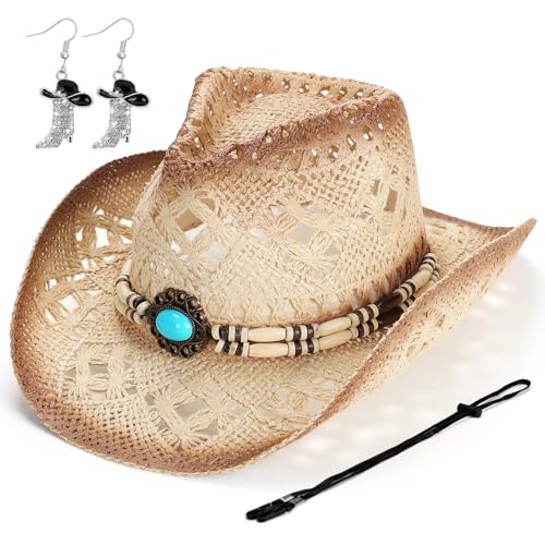 Straw Cowboy Hat for Women, Western Cowgirl Hats with Boot Earrings, Brim Summer Beach Hat - color: Beige-a