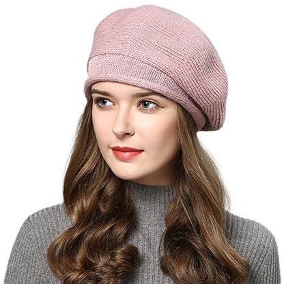 French Style Beret Hat for Women Winter Fall Knit Artist Hats Classic Solid Color Beanie Hat - color: Light Pink