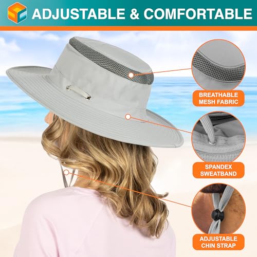 SUN CUBE Wide Brim Sun Hat for Men Women UPF 50+ UV Protection Safari Boonie Hat with Chin Strap, Pocket, Fishing Hiking Hat - color: Light Gray