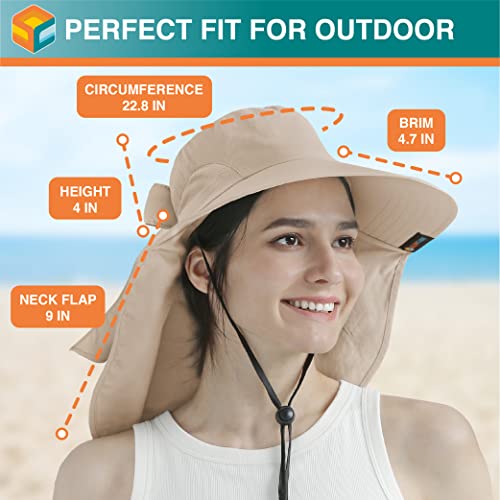 SUN CUBE Wide Brim Sun Hat with Neck Flap for Men Women, UPF50+ Fishing - color: Tan With Bow