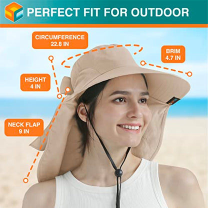SUN CUBE Wide Brim Sun Hat with Neck Flap for Men Women, UPF50+ Fishing - color: Tan With Bow