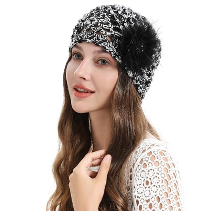 ZLYC Women Crochet Beanie Hat Summer Handmade Knit Decorated Skull Cap - color: Feather Black Mixed White Black