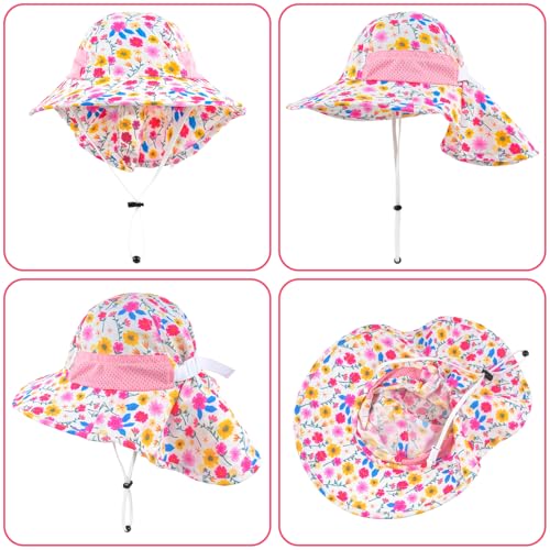 Toddler Baby Sun Hat Kids Summer Beach Essentials Adjustable Beach Hats with Bucket Wide Brim for Boys Girls Age 0-14 Years - color: 2 Pack - Light Pink+flower, size: 2-7 Years