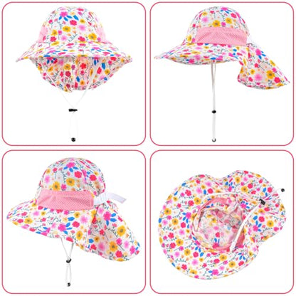 Toddler Baby Sun Hat Kids Summer Beach Essentials Adjustable Beach Hats with Bucket Wide Brim for Boys Girls Age 0-14 Years - color: 2 Pack - Light Pink+flower, size: 2-7 Years
