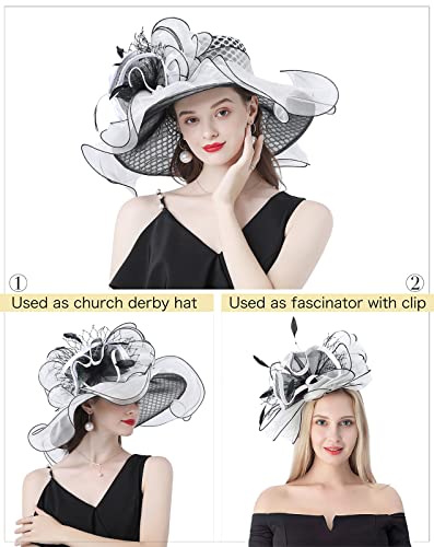 Z&X Women Organza Church Derby Hat Wide Brim Sun Hats for Wedding Tea Party Fascinator Hat, Dual-use - color: 2001- Black and White