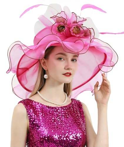 ORIDOOR Women Organza Fascinator Church Derby Hat Floral Tea Party Wedding Hat - color: A865-rose