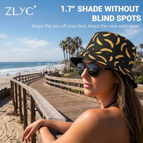 ZLYC Printed Bucket Hat for Women Men Packable Summer Sun Hat for Beach - color: Banana Black