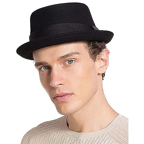 HIMESPORT Pork Pie Hat - Men's Brown Wool Felt Fedora - Heisenberg Hat - Classic Style - Spring, Fall - Size M (58cm) - color: Black, size: Large
