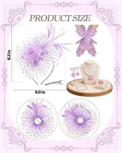 Girls Tea Party Fascinators Hats Girls Church Hats 20s 50s Pillbox Hat Cocktail Mesh Flower Pearl Feather Headband - color: Purple