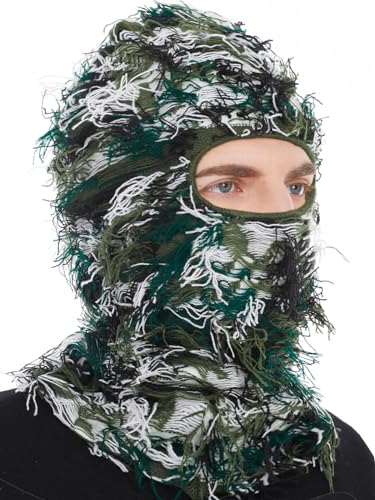 ROXUN Distressed Ski Mask Balaclava, Yeat Shiesty Fluffy Knitted Full Face - color: 01- Green Mixed