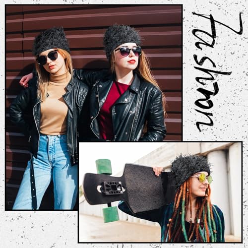 Chuarry Distressed Knitted Beanie Fuzzy Winter Hat - color: Black and Gray