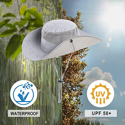 Mens Sun Hat Wide Brim Breathable Mesh UPF 50+ Waterproof Fishing Hat Safari Hat Foldable Boonie Cap - color: Light Gray