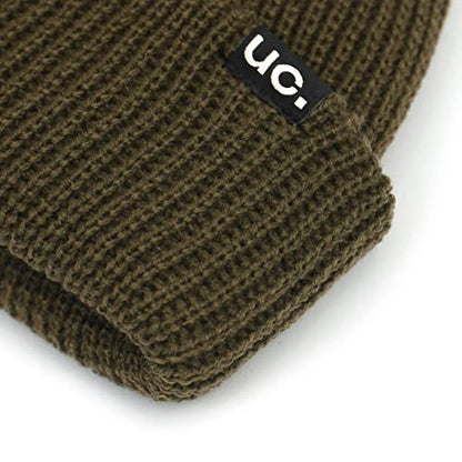 UNDERCONTROL Logo Label Patch Unisex Fall Winter Short Thick Cuffed Rollup Warm Beanie Korea Trawler Fisherman Knit Skull Hat - color: Double Tab Khaki