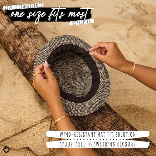 Funky Junque Short Brim Fedora Packable Sun Hat for Women - color: Black Multi W/ Beaded Ropes