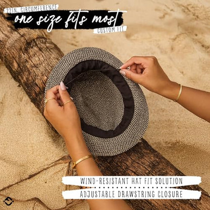 Funky Junque Short Brim Fedora Packable Sun Hat for Women - color: Black Multi W/ Beaded Ropes