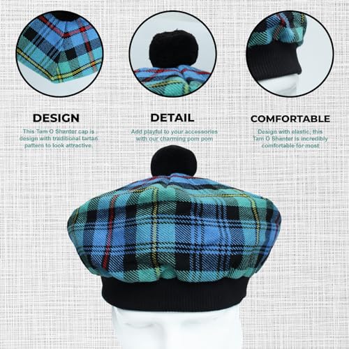 Scottish Tam O’ Shanter Hat Tartan Bonnet Pom Pom Wool Flat Cap One Size - color: Baillie Ancient