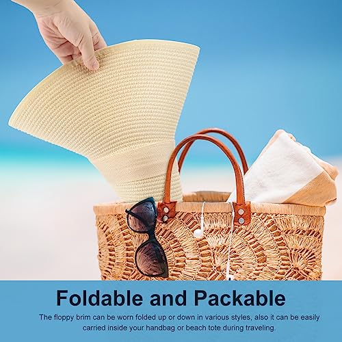 DRESHOW Beach Hats for Women Big Straw Wide Brim Summer Hat Floppy Foldable Roll up Cap Sun Hat UPF 50+ - color: Beige 5.9