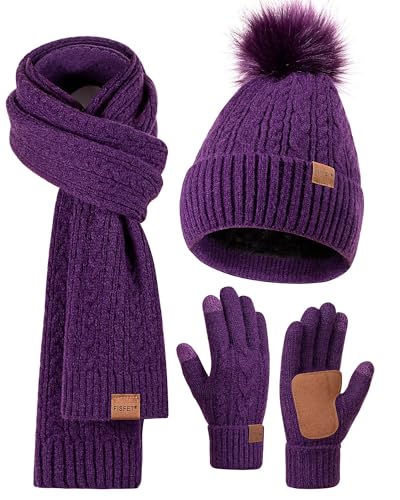 Winter Beanie Hat Scarf Gloves Set for Women, Pom Pom Beanie Fleece Lined Knit Neck Warmer Touchscreen Gloves 3 in 1 Gift Set - color: Purple