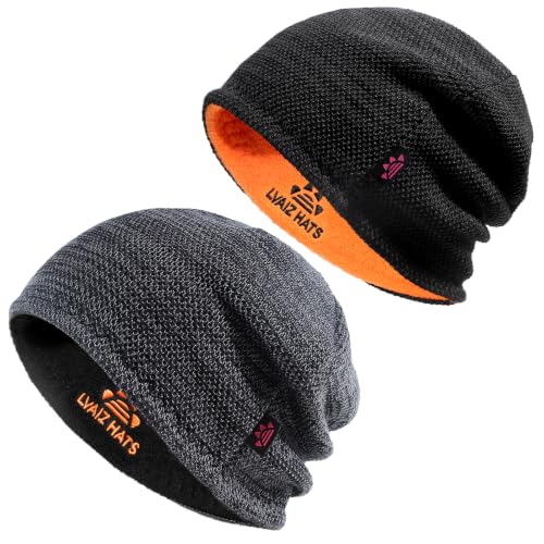 2 Pack Fleece Lined Beanie Hat Reversible Knit Skull Cap for Men Women - color: Black+mix Grey