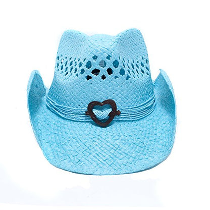 Boho Hip Cowboy Hat with Heart Concho, Natural Toyo Straw, Shapeable Brim - color: Turquoise
