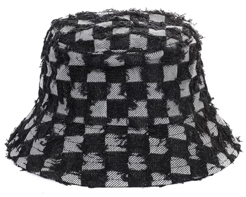 Women's Washed Cotton Bucket Hat Cowboy Checkerboard Fishermen Hat - color: Black