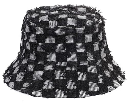 Women's Washed Cotton Bucket Hat Cowboy Checkerboard Fishermen Hat - color: Black