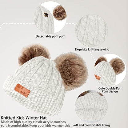 Kids Winter Beanie Hat Scarf Gloves Set,Toddlers Knit Winter Warm Double Pompom Cap Scarf Gloves for Girls Boys 1-5 Years Old - color: White