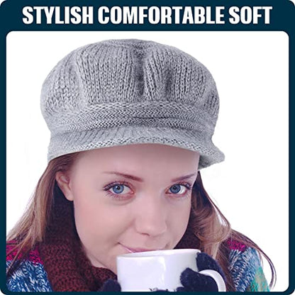 Mepase 3 Pieces Women Warm Hat for Winter Slouchy Beanie Cap with Visor Knitted Newsboy Hats for Women Ski Snow - color: Red, Black, Gray