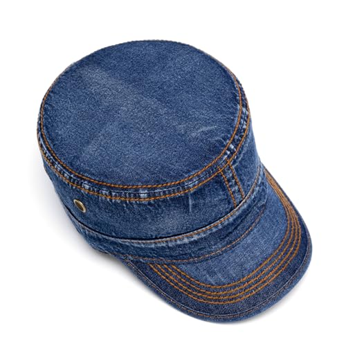 Military Cadet Army Cap for Men Women-Washed Cotton Vintage Adjustable Flat Top Baseball Hat - color: Denim Navy
