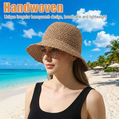 Womens Beach Hat, Packable Sun Hat, Straw Bucket Hats for Travel Khaki