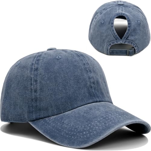 Women Washed Baseball Cap Vintage Blank Hat with Ponytail Hole - color: Navy