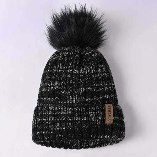 FURTALK Womens Winter Knitted Beanie Hat with Faux Fur Pom Warm Knit Skull Cap Beanie for Women - color: Mixed Black With Black Pom